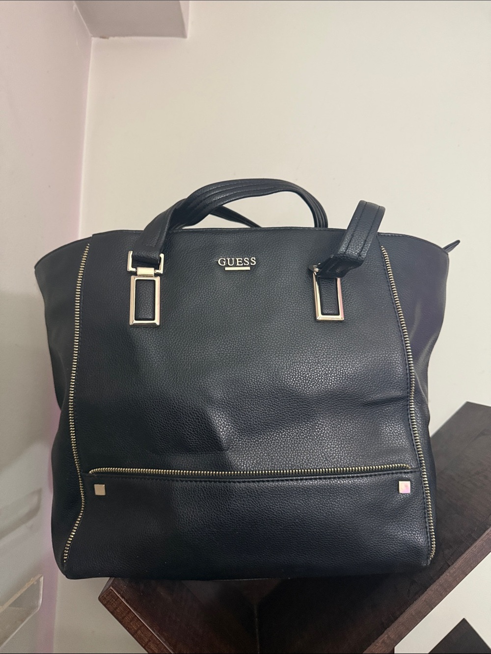 Guess Black Pebble Tote with Gold Accents